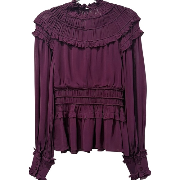 FARM RIO Ruffled Pleated Burgundy Purple Peplum Blouse Sheer Sleeve Top XS - Picture 5 of 9